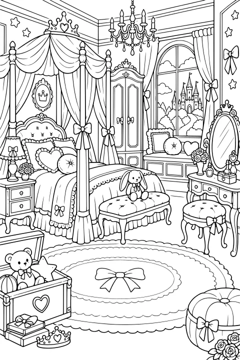 Ornate bedroom with a canopy bed, chandelier, wardrobe, vanity, plush toys, bows, crowns, cushioned furniture, and a castle visible through an arched window.