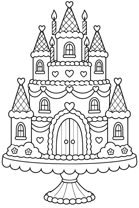Tiered castle-shaped cake with pointed turrets, candles, arched windows, hearts, icing garlands, flowers, a large doorway, and a pedestal stand.