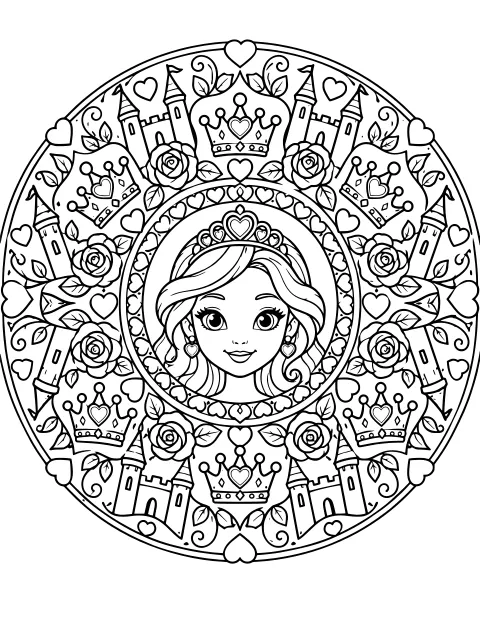 Crowned princess portrait inside a circular design filled with castles, crowns, roses, leaves, hearts, and curling vines.