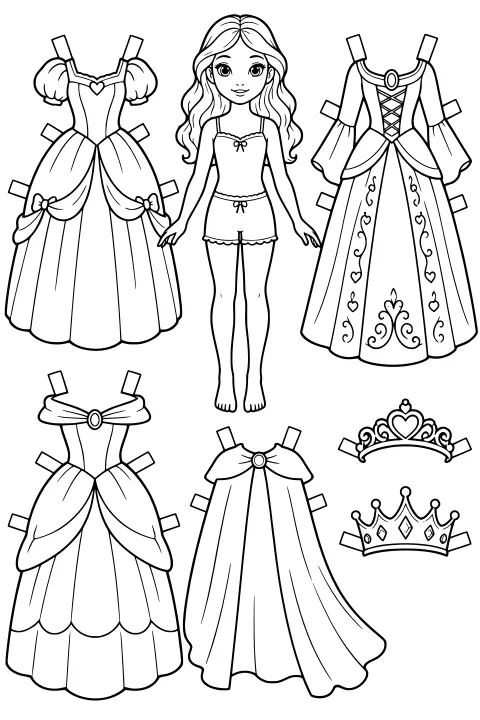 Long-haired paper doll in a camisole and shorts, surrounded by ornate gowns, a flowing cape, and jeweled crowns with attachment tabs.