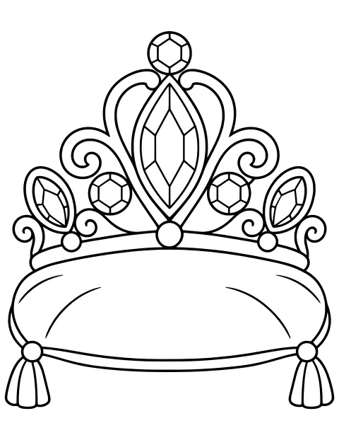 Ornate princess tiara with faceted gemstones and curling scrollwork resting on a tasseled cushion.
