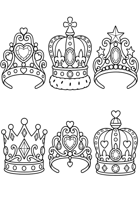 Ornate tiaras and crowns decorated with hearts, stars, fleur-de-lis shapes, curled metalwork, arches, bands, and faceted gems.