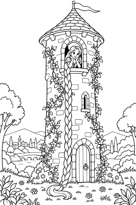 Princess at an arched window with a long braid hanging down a vine-covered stone tower, surrounded by flowers, trees, hills, and distant buildings.