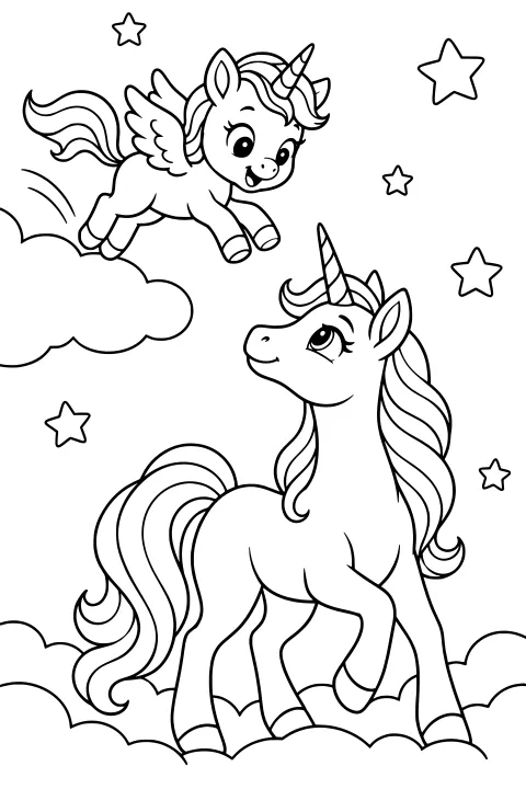 Small winged unicorn flying above a larger unicorn that looks upward while standing among rounded clouds, with stars scattered around them.