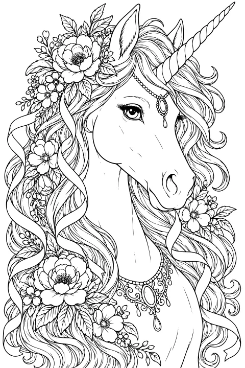 Unicorn portrait with a spiraled horn, flowing mane, floral arrangements, curling ribbons, an ornate headpiece, and a decorative necklace.