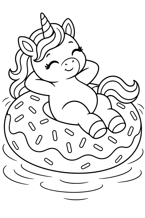 Kawaii unicorn with a striped horn, flowing mane, closed eyes, and striped hooves lounging on a frosted donut float in rippling water.