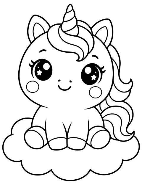 Seated unicorn on a fluffy cloud with a spiral horn, striped mane and tail, rounded hooves, cheek circles, and star highlights in large eyes.