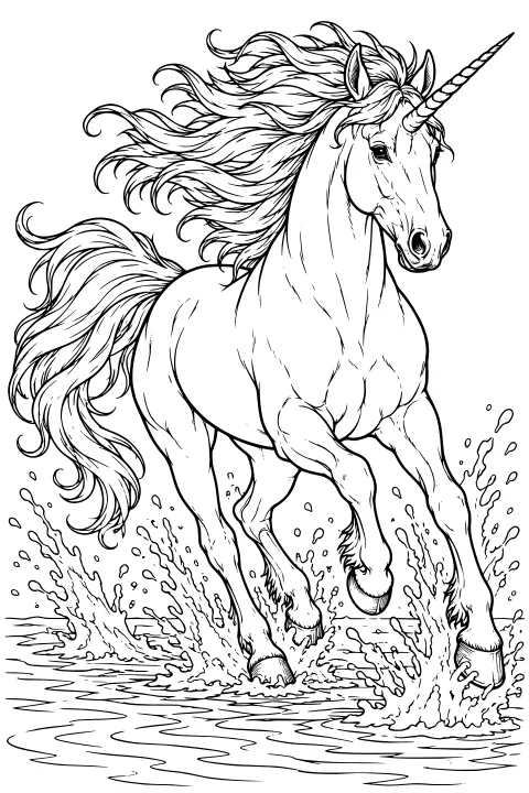 Realistic unicorn galloping through shallow water with splashes around its hooves and a long, flowing mane and tail.