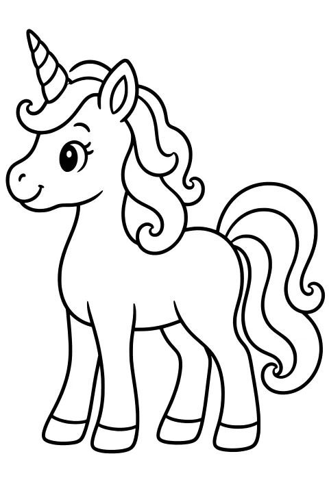 Standing unicorn in side view with a spiral horn, large eye, pointed ear, curled mane, flowing tail, and rounded hooves.