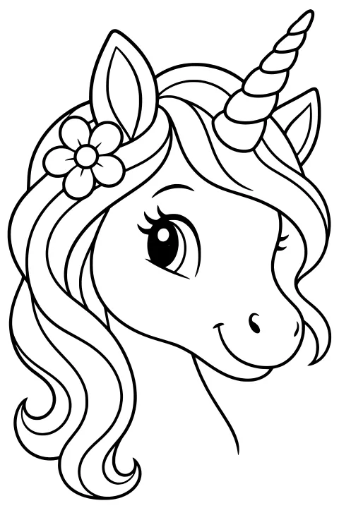 Unicorn head in profile with a spiral horn, pointed ears, large eye, flower accessory, and long flowing mane.