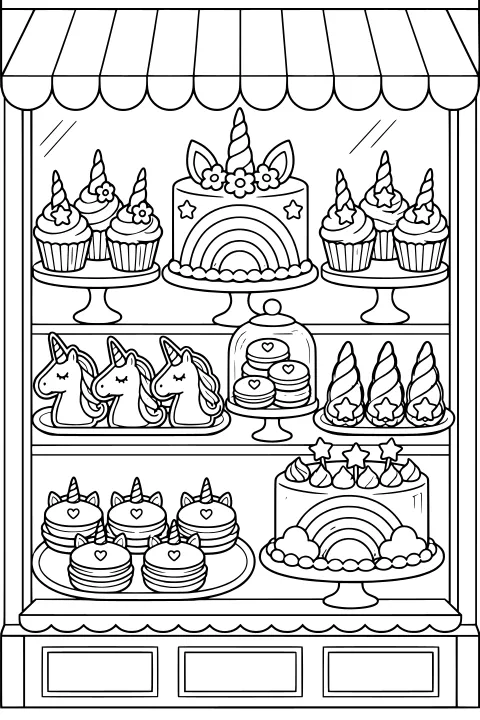 Bakery window filled with unicorn-themed cakes, cupcakes, cookies, pastries, rainbows, stars, hearts, flowers, and clouds on shelves and stands.
