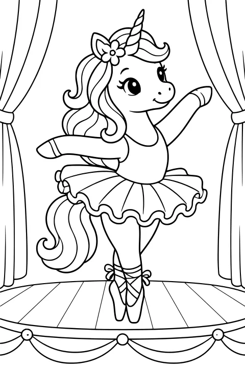 Unicorn ballerina in a ruffled tutu and ballet slippers posing on a stage between curtains, with a flower by the horn and flowing mane and tail.