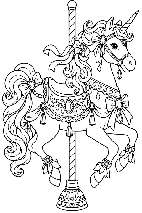 Ornate unicorn carousel horse with a flowing mane and tail, spiral horn, decorated saddle, jeweled harness, bows, tassels, and a striped pole.