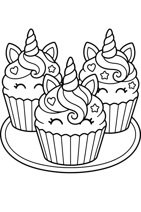 Three unicorn-themed cupcakes with swirled frosting, spiral horns, pointed ears, heart and star decorations, and ridged wrappers on a plate.