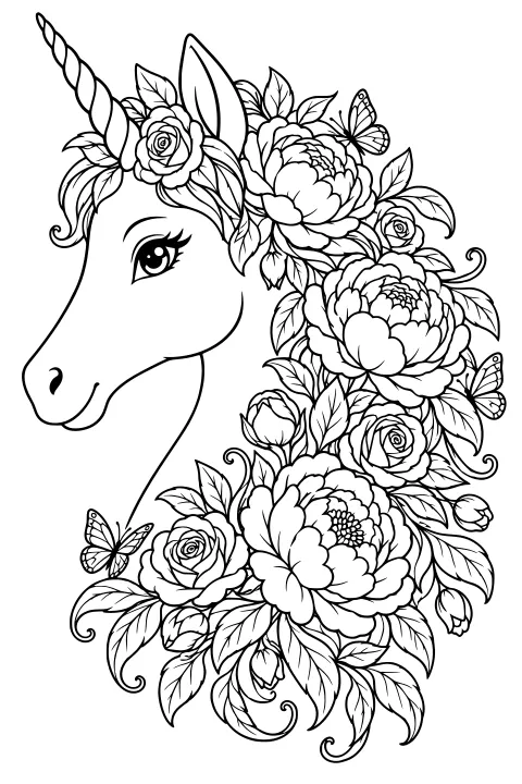 Side-profile unicorn head with a spiral horn and a flowing mane of layered flowers, roses, buds, leaves, curls, and butterflies.