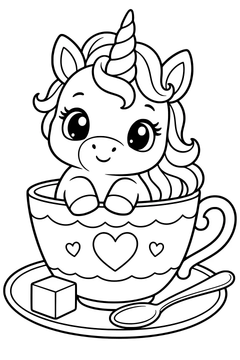Unicorn nestled in a heart-decorated teacup on a saucer, with a spoon and sugar cube nearby.