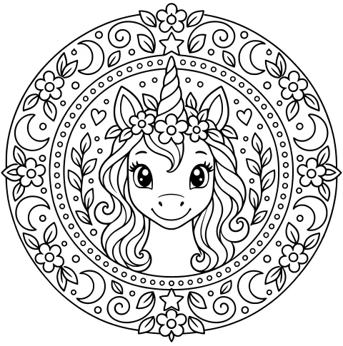 Unicorn head with a spiraled horn, flowing mane, and flower crown inside a circular design of leaves, blossoms, crescents, stars, hearts, dots, and curls.