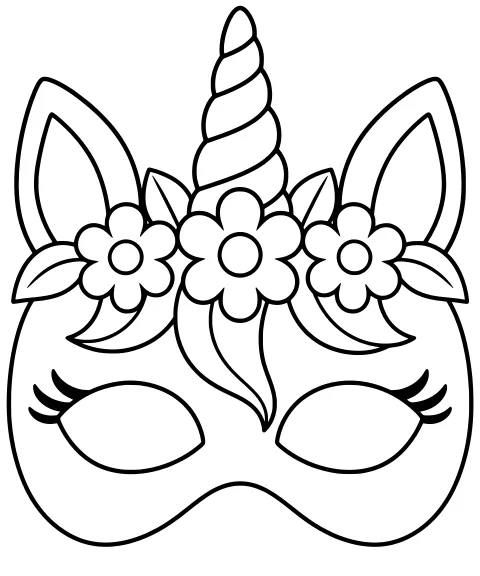 Black-and-white line art of a unicorn mask with a spiraled horn, pointed ears, long eyelashes, eye openings, flowers, leaves, and a curved forelock.