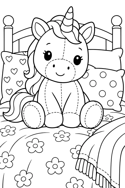 Stitched unicorn plush toy sitting on a bed with heart and dot pillows, a floral bedspread, curved headboard, and fringed striped blanket.