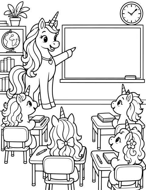 Unicorn teacher pointing at a blank board in a classroom with unicorn students seated at desks, plus bookshelves, a globe, a plant, and a clock.
