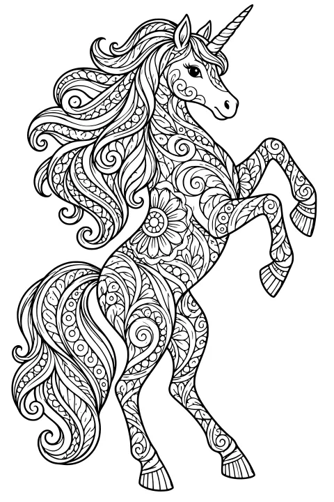 Rearing unicorn with a spiraled horn, flowing mane and tail, and intricate floral, leaf, circle, and swirl patterns covering its body.