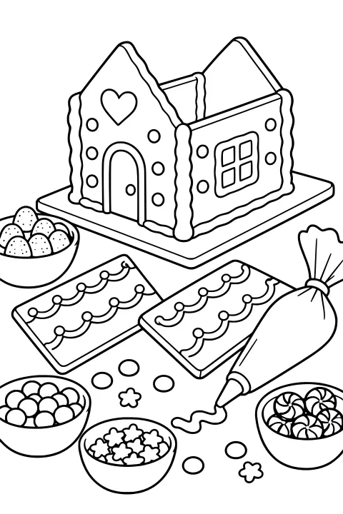 Gingerbread house under construction with decorated panels, candy bowls, scattered sweets, and a piping bag on a work surface.