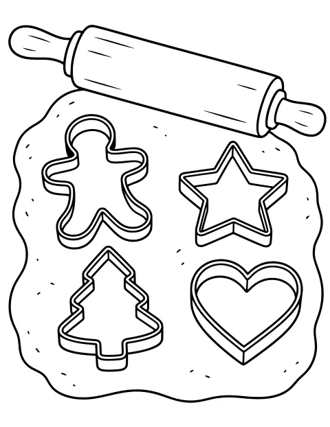 Rolling pin above dough with gingerbread figure, star, tree, and heart-shaped cookie cutters.