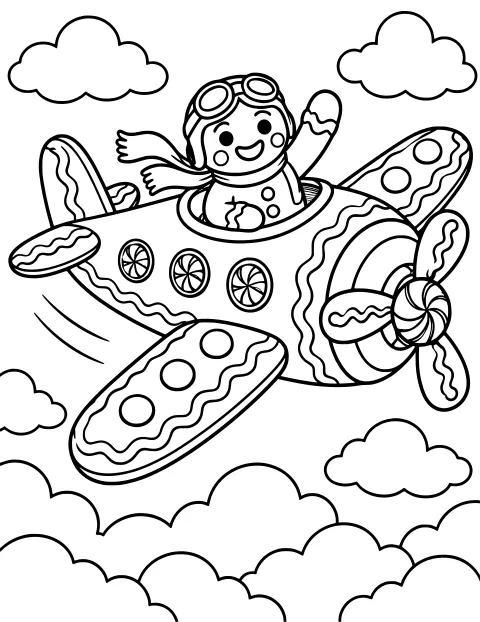 Gingerbread figure in goggles and a scarf waving from a candy-decorated airplane flying among rounded clouds.