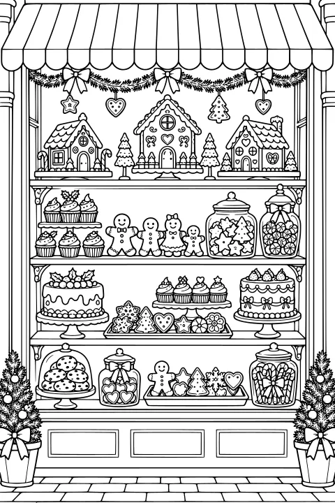 Bakery window filled with gingerbread houses and people, decorated cookies, cupcakes, cakes, candy jars, bows, garlands, and potted evergreens.