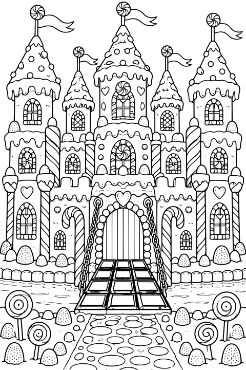 Gingerbread castle with icing-covered towers, arched windows, candy canes, peppermint swirls, lollipop flags, gumdrops, a tiled drawbridge, and a candy-lined path.