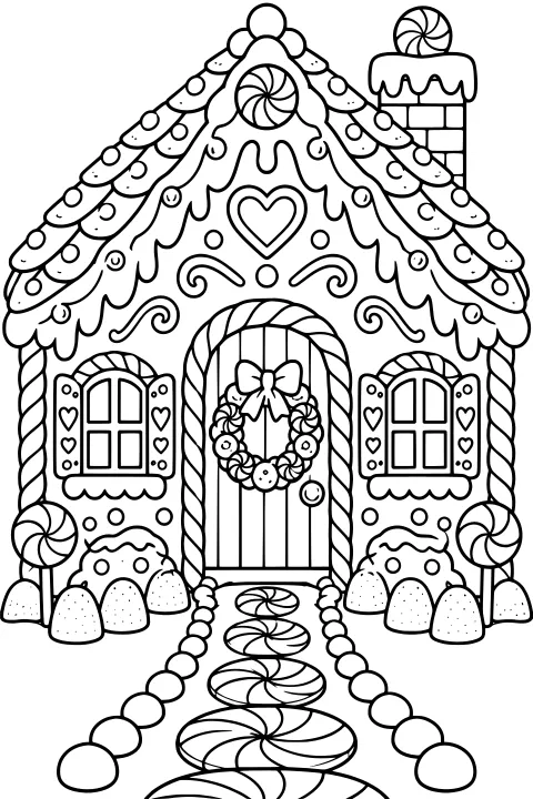 Front view of a gingerbread cottage with icing-covered roof, candy decorations, shuttered windows, a wreath-topped door, chimney, gumdrops, and a peppermint path.