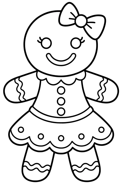 Gingerbread girl wearing a scalloped dress and large bow, with round buttons, skirt dots, and wavy icing decorations on her arms and legs.