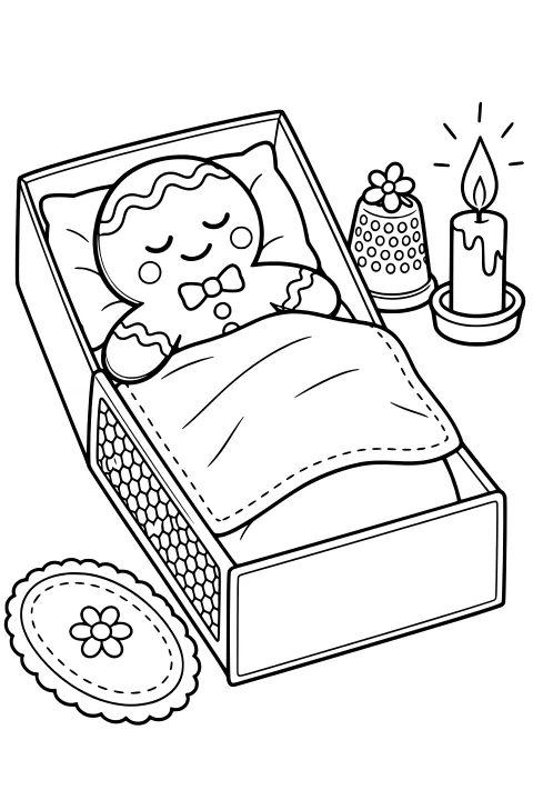 Sleeping gingerbread man tucked under a stitched blanket in a matchbox bed, beside a candle, flower-topped object, and round floral rug.