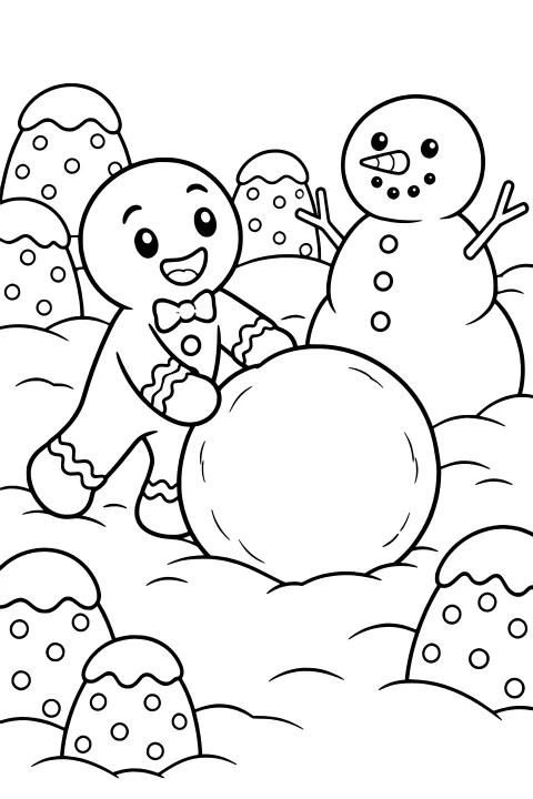 Gingerbread man rolling a large snowball beside a snowman, surrounded by snowbanks and dotted mounds with wavy icing-like tops.