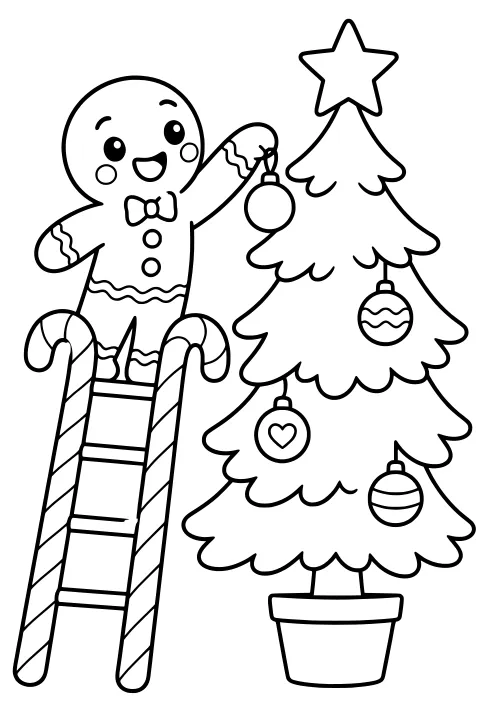 Gingerbread man on a candy-cane-style ladder beside a potted evergreen tree with hanging ornaments and a star topper.