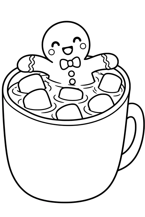 Gingerbread man wearing a bow tie and icing cuffs inside a handled mug filled with a drink and marshmallows.