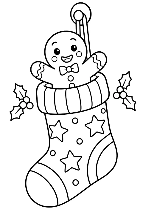 Gingerbread man with a bow tie peeking from a hanging stocking decorated with stars and dots, with holly sprigs on both sides.