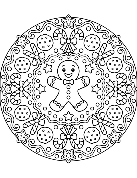 Smiling gingerbread man centered inside a circular arrangement of candy canes, bows, round cookies, stars, dots, and curling icing patterns.