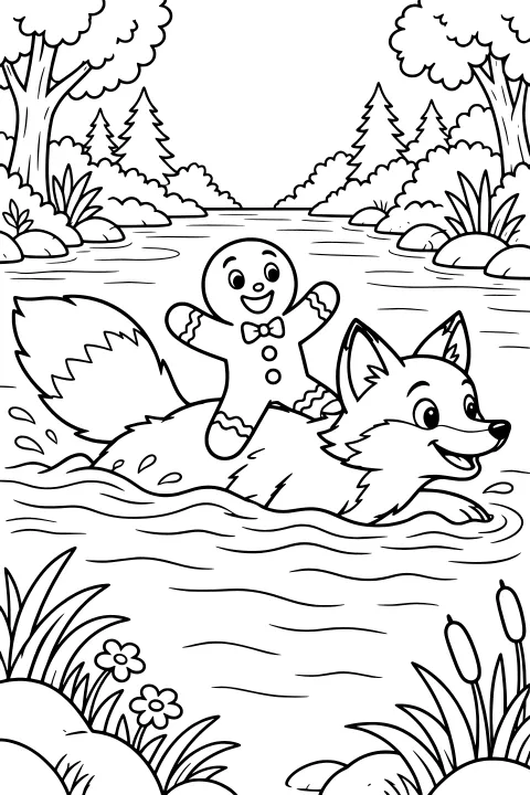 Gingerbread man riding on the back of a fox as it swims through a river bordered by rocks, grasses, flowers, bushes, and trees.