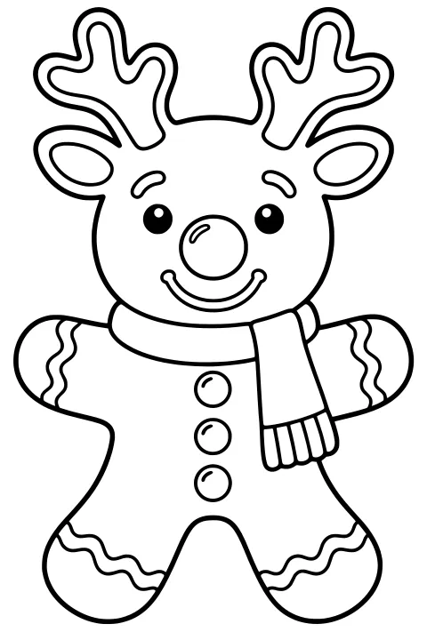 Gingerbread reindeer cookie with antlers, rounded ears, a fringed scarf, buttons, outstretched arms, and wavy icing decorations.