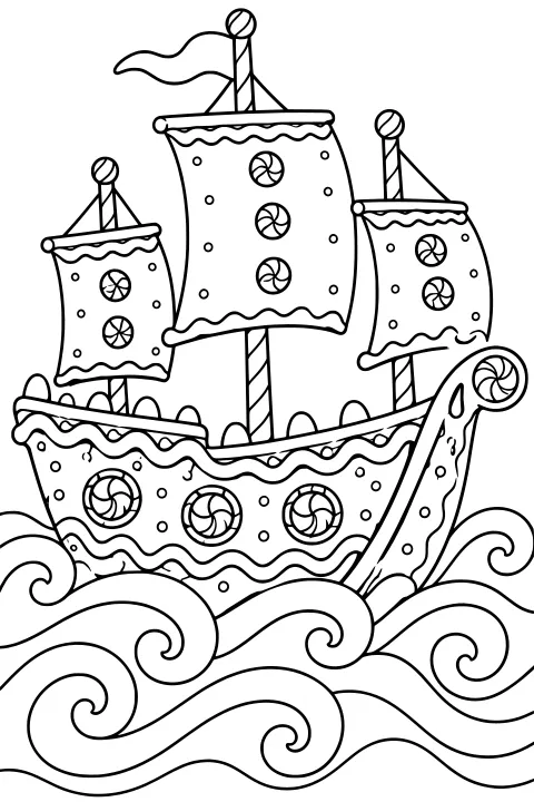 Gingerbread ship with icing borders, striped masts, decorated sails, peppermint swirls, a curled prow, and large rolling waves.