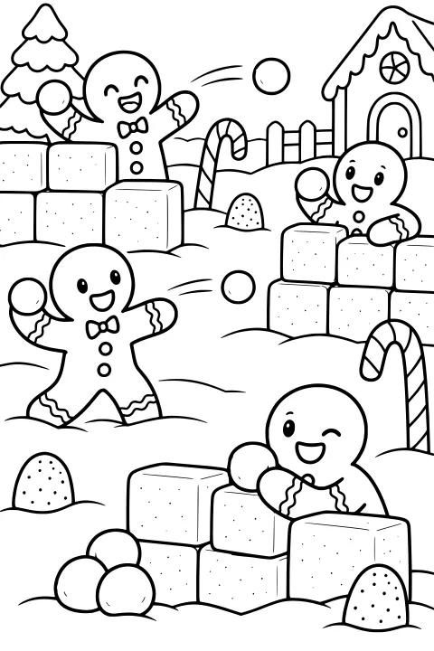Gingerbread figures throwing snowballs near block forts, candy canes, evergreen trees, dotted dome shapes, and a small house in the snow.