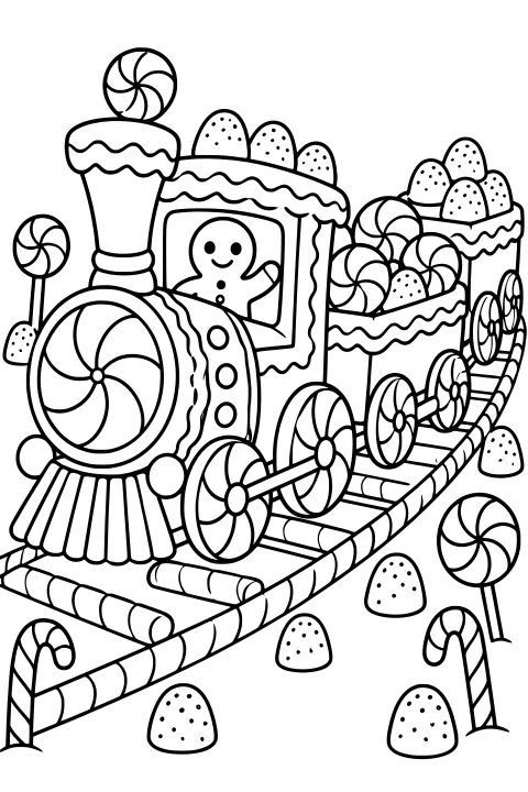 Gingerbread locomotive on a striped candy track with a gingerbread figure in the cab, peppermint wheels, lollipops, gumdrops, frosting trim, and a candy-filled tender.