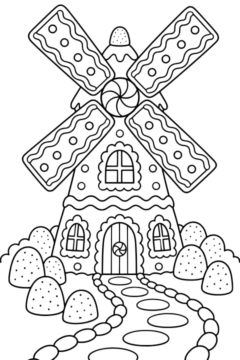 Line art of a gingerbread windmill with iced biscuit sails, a peppermint swirl hub, arched windows, a paneled door, a winding path, and gumdrop-shaped shrubs.