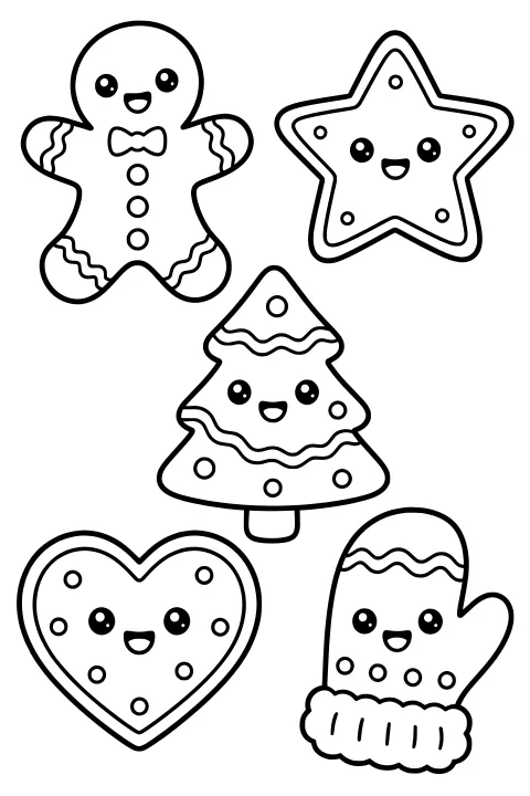 Gingerbread person, star, tree, heart, and mitten cookies with wide eyes, open mouths, icing borders, dots, wavy trim, and a bow tie.