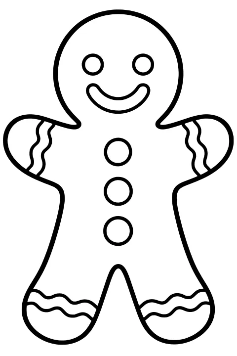Simple gingerbread man with round eyes, a curved smile, circular buttons, and wavy icing bands on the arms and legs.