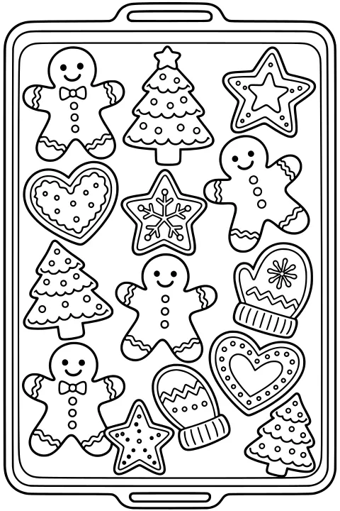 Outlined baking tray filled with decorated gingerbread figures, trees, stars, hearts, and mitten-shaped cookies.