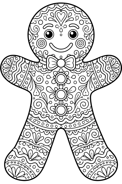 Gingerbread man with outstretched arms, a bow tie, flower-shaped buttons, a curved smile, and intricate swirls, petals, dots, scallops, and wavy patterns.