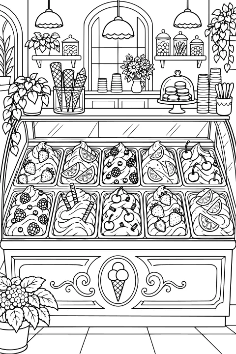 Glass café display filled with swirled gelato and fruit toppings, with cones, flowers, jars, hanging lamps, plants, and covered pastries behind the counter.