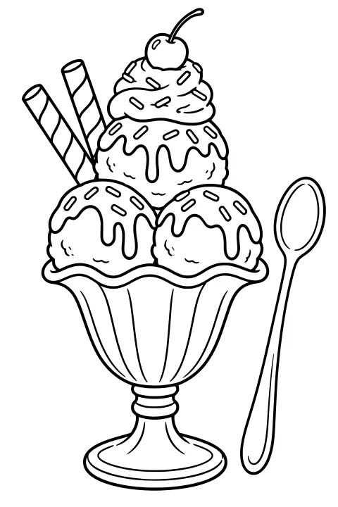 Tall sundae in a fluted glass with ice cream scoops, dripping syrup, sprinkles, swirled cream, a cherry, striped wafer rolls, and a long spoon.